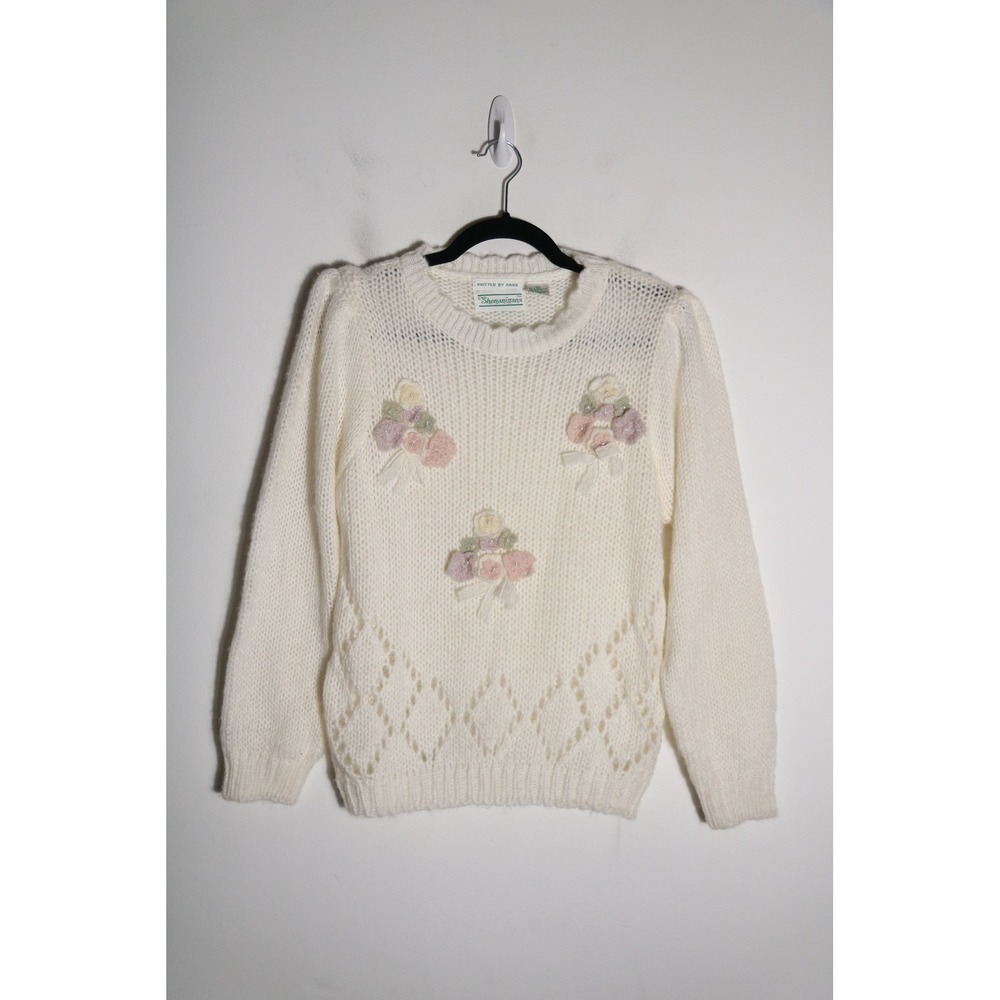 Vintage Shenanigans Knitted By Hand Floral Cottagecore Granny Sweater M Coquette